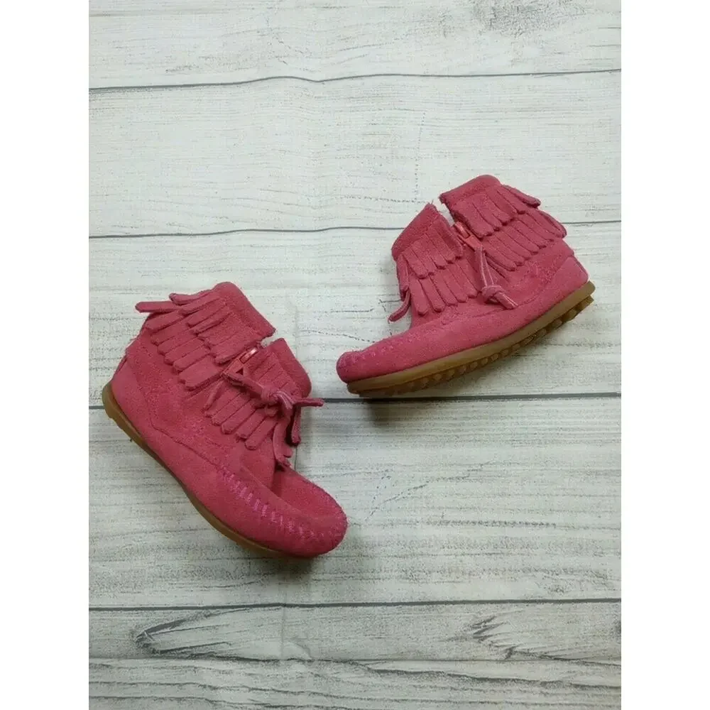 8T Minnetonka Pink Double Fringe Moccasins